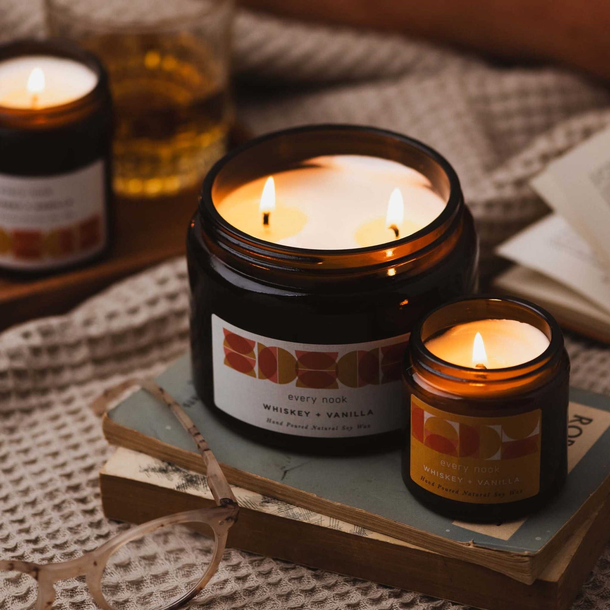 every nook Whiskey +Vanilla scented soy wax candle collection